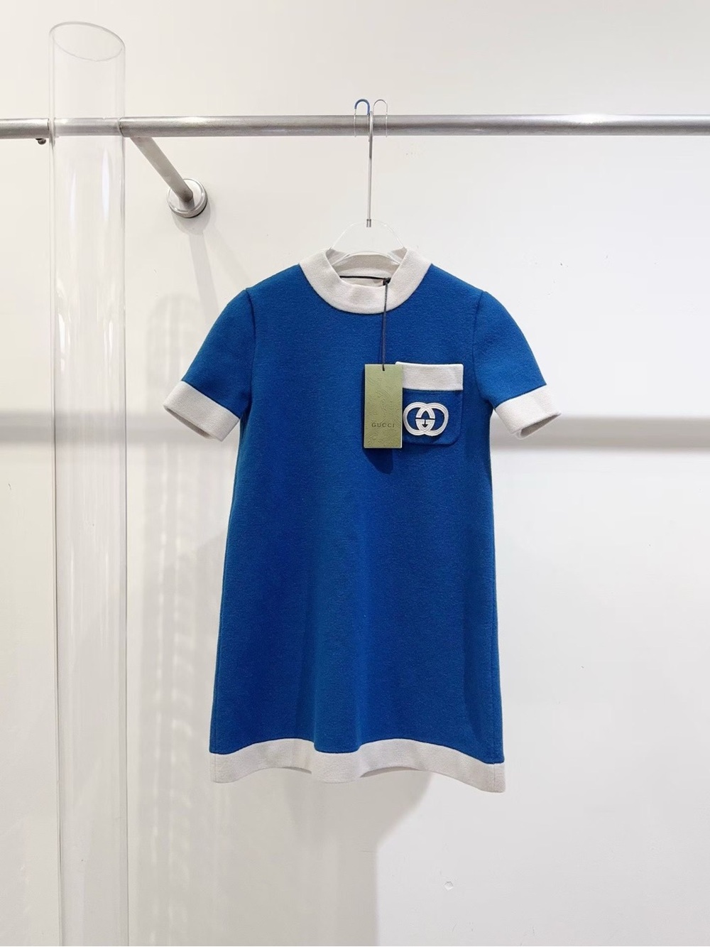 Gucci Blue Knit Dress with White Trim and Pocket GG